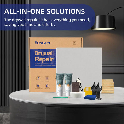 All In One Drywall Repair Patch Kit For Large Holes 12 By 12 Inch Panel Quick And Easy Fix For Walls And Drywall Comes With Clear Instructions Sand Smooth Finish Durable Patch Save Time And Restore Smooth Surfaces displayed on a table with components