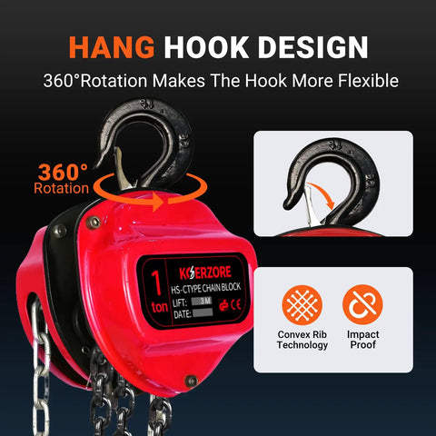 Beefed Up 1 Ton Hand Chain Hoist For Engine Lifts And Heavy Duty Work In Garages And Warehouses, Perfect For Auto Shops, 10 Ft Lift Range, Built With Durable Alloy Steel Chain And Reinforced Gears For Long Lasting Performance, 360° swivel hook