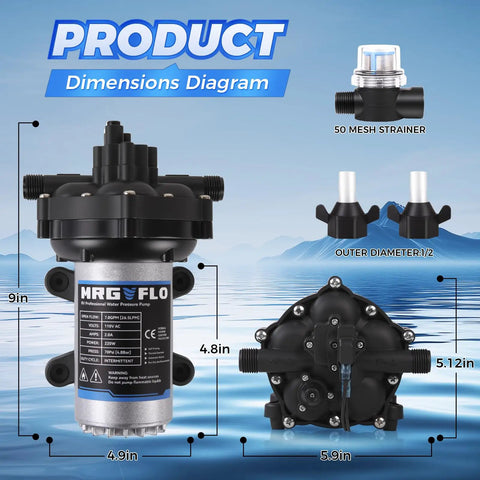 Dimensions diagram of Upgraded 110V AC Fresh Water Pump 7GPM 70PSI Five Chamber Self Priming Diaphragm Pump with strainer components
