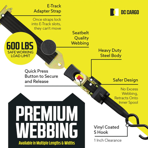 Heavy Duty Retractable Ratchet Straps For E Track And Bolt On Mounting Pack Of 2 1 Inch By 6 Feet 4000 Lbs Break Strength Auto Self Retracting Tie Downs with premium webbing and features labeled