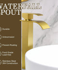 Gold Vessel Sink Faucet Brushed Gold Tall Bathroom Vanity Faucet With Waterfall Flow 304 Stainless Steel Single Handle