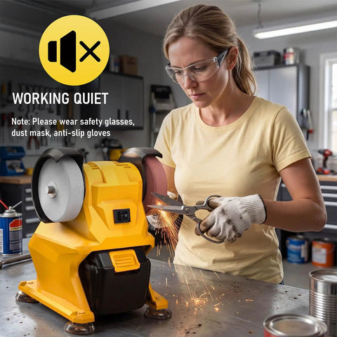 Pro Grade Cordless Bench Grinder With Dual 3 Inch Grinding Wheels and Sturdy Guard, compact design for sharpening tools.