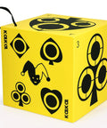 Six Sided Self Healing Foam Archery Target With Carry Handle, yellow block with black patterns, side view