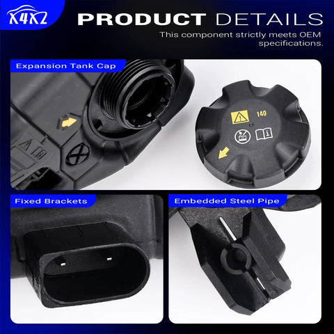 No Sweat Coolant Overflow Reservoir Tank With Cap Straight Swap And Plug In Setup For 2016-2020 BMW 530i 540i 640i GT 740i showing tank cap, fixed brackets, and steel pipe.