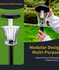 Close-up of Lit Glass Solar Torch Lights Outdoor Waterproof Flickering Flame Tiki Torches With Modular Design, showing LED solar panel.