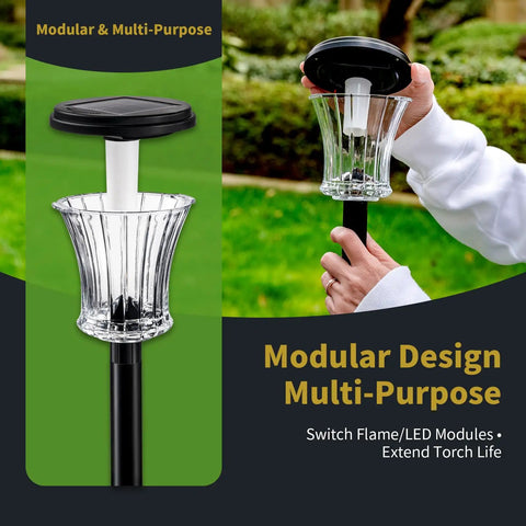 Close-up of Lit Glass Solar Torch Lights Outdoor Waterproof Flickering Flame Tiki Torches With Modular Design, showing LED solar panel.