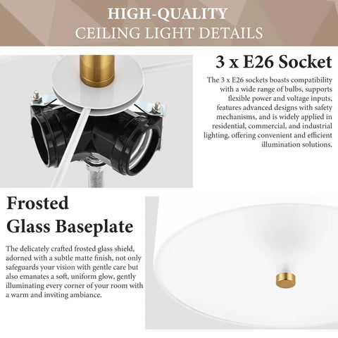 3 Light Gold Drum Semi Flush Mount Ceiling Light With White Fabric Shade, Modern Close To Ceiling Fixture For Bedroom Living Room Kitchen Hallway Entryway, Frosted Glass Diffuser, Dope Brushed Gold Finish