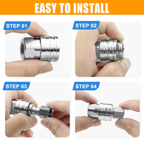 8-pack stainless steel 1/4 in pressure washer quick-connect fittings; male and female couplers for 5000 PSI.