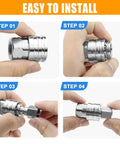 Stainless steel 1/4-inch pressure washer quick-connect fittings, 4-pack with male/female threads; four installation views.