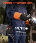 Operator using 3 In 1 MIG Welder 130 Amp Flux Core MIG Lift TIG MMA Welding Machine Portable 110V Inverter with shoulder strap