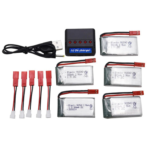 Five Pack 3.7V 800mAh 25C Rechargeable LiPo Batteries With JST Plug And All In One 4 In 1 Charging Board For MJX X300C X400W X600 X800