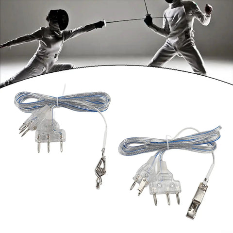 Pro Grade Fencing Body Cords For Foil And Saber, transparent PVC copper wire with hand line clamp, 2 pack, shown with fencing athletes