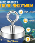 Beast Mode Neodymium Fishing Magnet With 700 Lbs Pulling Power And Countersunk Hole Eyebolt for treasure hunting, size details shown.
