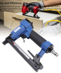 Pro Grade Pneumatic Brad Nailer Shoots 1/4 To 1/2 Inch Nails Smooth As Silk For Carpentry close-up of blue nail gun handle and trigger mechanism