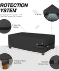 Protection system of Patio Coffee Table Cover Waterproof Outdoor Furniture Shield Fits Rectangular 48 By 26 Inch Tables 18 Inch High Fadeproof UV Resistant 600D Polyester Black with air vents and straps.