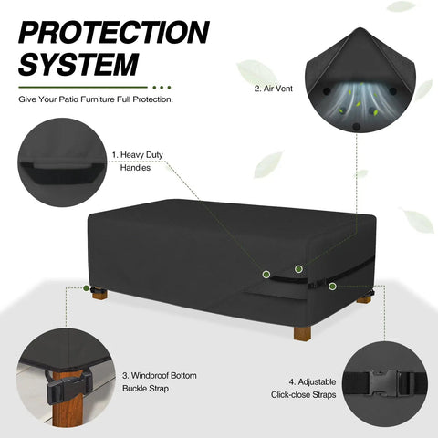 Protection system of Patio Coffee Table Cover Waterproof Outdoor Furniture Shield Fits Rectangular 48 By 26 Inch Tables 18 Inch High Fadeproof UV Resistant 600D Polyester Black with air vents and straps.