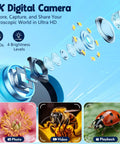 Diagram of 4K digital camera lenses, photo of flower, bee, and ladybug, Awesome Kids Digital Microscope With 4K Clarity And 2.4 Inch Screen