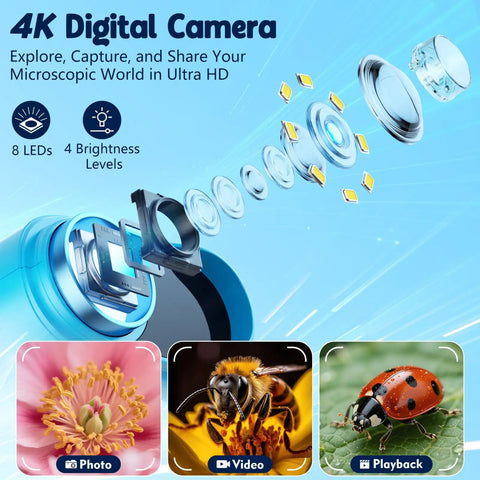 Diagram of 4K digital camera lenses, photo of flower, bee, and ladybug, Awesome Kids Digital Microscope With 4K Clarity And 2.4 Inch Screen