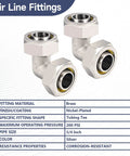 Two Pack Three Quarter Inch Elbow Air Piping Fittings For Shop And Garage Compressed Air Line System Brass Nickel Plated 200 PSI Quick Connect Compression Fittings shown on white background.