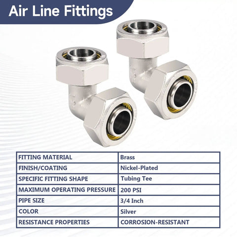 Two Pack Three Quarter Inch Elbow Air Piping Fittings For Shop And Garage Compressed Air Line System Brass Nickel Plated 200 PSI Quick Connect Compression Fittings shown on white background.