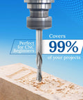 Complete CNC Router Bit Set For Woodworking, Nine Solid Carbide Bits With One Quarter Inch Shanks in use on wood.