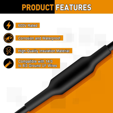 Product features of Underground Wire Splice Kit Three Pack For 14 3 To 8 3 UF Cables Direct Burial Waterproof Up To 600V