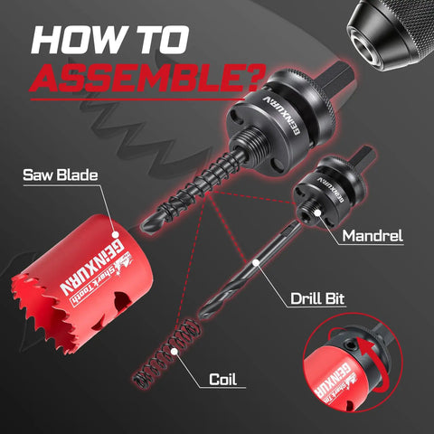 Assembly components of Half Inch HSS Bi Metal Hole Saw Kit With Shark Tooth Cutters for wood and metal drilling.