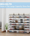 Beefy 8 Tier Large Shoe Rack Holds 64 Pairs With Heavy Duty Shelving And Adjustable Heights For Boots And Shoes Space Saving Organizer For Entryway Hallway Or Garage Easy Assembly in a living room setting.