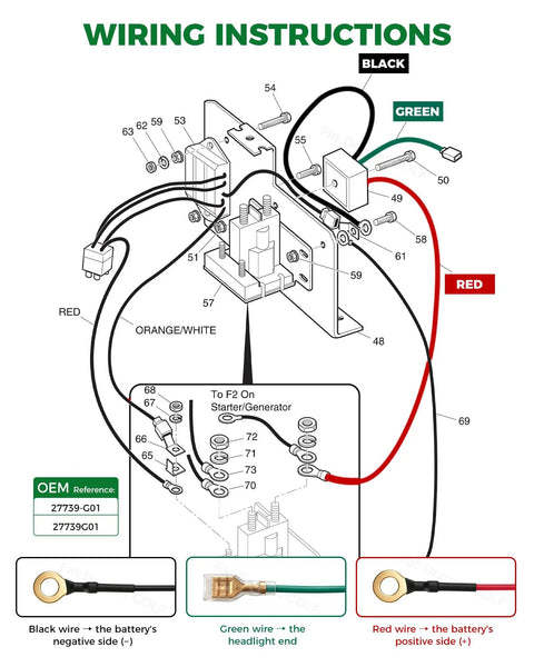 Wiring instructions for Top Shelf Ezgo Txt Gas Golf Cart Voltage Regulator 27739G01 showing color-coded connections.