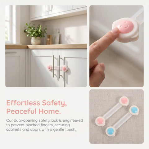 Eight Pack No Drill Cabinet Locks with ultra sticky adhesive in use on kitchen cabinet, childproof ABS material, snap-on design