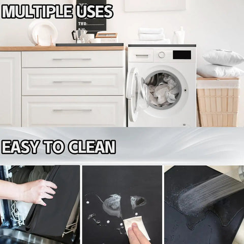 Heavy Duty Silicone Top Loader Protector Mat For Washer And Dryer Surface 27 X 27 Inch, shown in kitchen setting with easy cleaning.