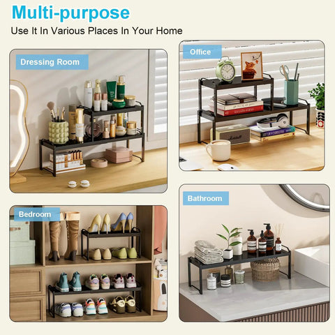 Built Tough Expandable Cabinet Shelf Organizer Set Featuring Adjustable Countertop Storage Rack To Knock Out Clutter And Keep Your Kitchen Stuff Locked In, shown in dressing room, office, bedroom, bathroom.