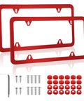 Stainless Steel 4 Hole License Plate Frames For US Vehicles Red With Screws Washers And Caps Heavy Duty Car Exterior Accessory Rust Resistant 1.2mm Thick Powder Coated Finish shown with mounting hardware.