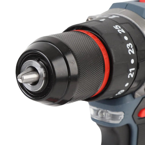 Close-up of Rock Solid Brushless Cordless Drill with 1500 Rpm and 25 Torque Settings, showcasing the chuck and torque setting mechanism.