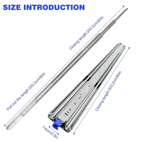 Heavy Duty Full Extension Side Mount Drawer Slides Featuring Solid Cold Rolled Steel Core and Runs Like A Dream Silent Glide for No Hassle Removable Clip Setup and Rock Solid Hold sized at 203.2cm/80in.