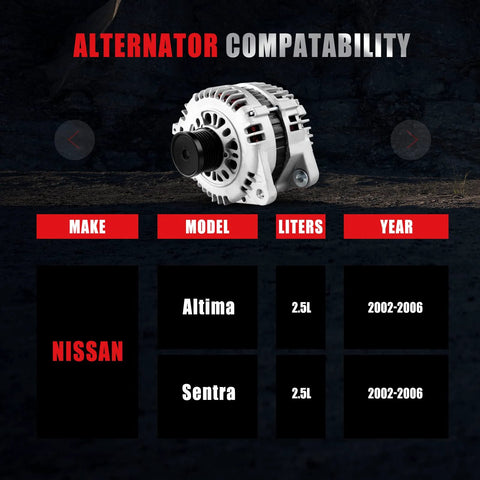 110 Amp 12V High Output Alternator Replacement For 2002 2006 Nissan Altima And Sentra 2.5L Direct Fit CW Rotation 6 Groove Clutch Pulley IR Regulator