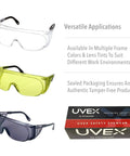 Three pairs of Ultra-Spec 2000 Visitor Safety Glasses with clear, yellow, and tinted lenses next to UVEX packaging.