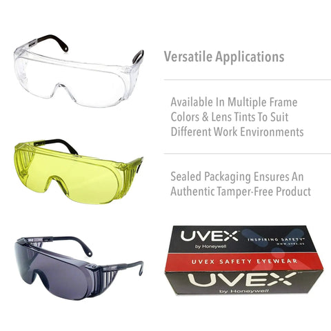 Ultra-Spec 2000 Visitor Safety Glasses with clear, yellow, and grey frames, with packaging, ANSI Z87.1 Plus CSA Z94.3 Compliant.