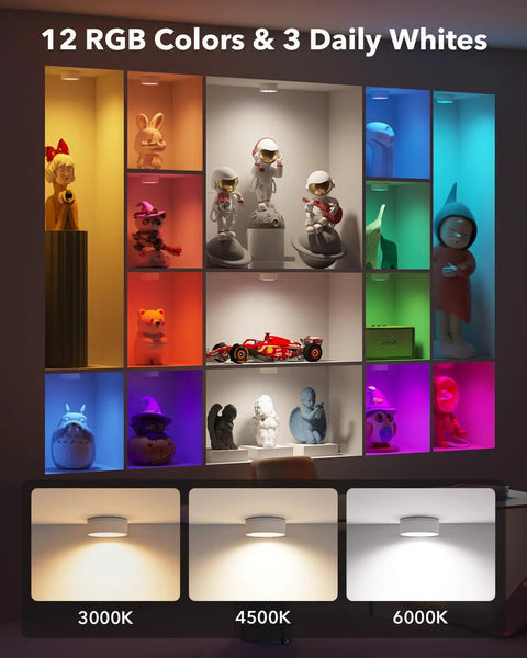Rechargeable Puck Lights With Remote Control 2400mAh USB C illuminating colorful display shelf with RGB and white lighting.
