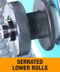 Close-up of serrated lower rolls on Variable Speed Ring Roll Bender for 2 inch tubing and 1.5 inch schedule 40 pipe.
