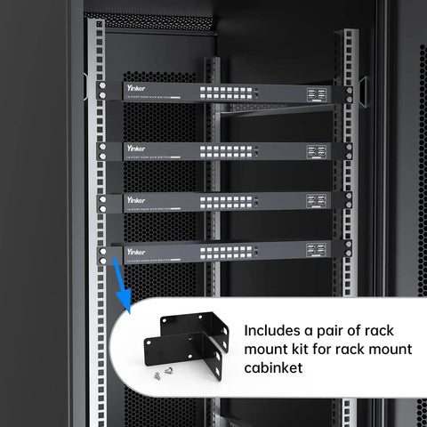 Slick 16 Port KVM Switch Console With Hella Reliable HDMI 4K At 30Hz Resolution installed in rack with mount kit.