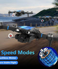 4K Drone With Built In Screen Controller Brushless Motors Optical Flow Positioning Headless Mode One Key Takeoff And Landing Wind Resistant For Indoor And Outdoor Stable Flight Perfect Gift For Adults And Newbies flying along a coastal path with three speed modes indicated.