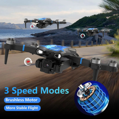 4K Drone With Built In Screen Controller Brushless Motors Optical Flow Positioning Headless Mode One Key Takeoff And Landing Wind Resistant For Indoor And Outdoor Stable Flight Perfect Gift For Adults And Newbies flying along a coastal path with three speed modes indicated.