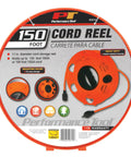 Heavy Duty 11 Inch Cord Reel With 150 Foot Capacity For Extension Cords, product packaging displaying features and durability.