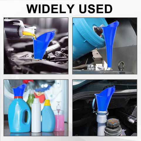 Long Neck Oil Funnel For Cars And Trucks, Built Tough Plastic Universal Pouring Tool For Oil Gas And Lubricants, Blue in use