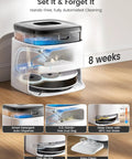All In One Robot Vacuum And Mop With 12000Pa Suction 90 Day Self Emptying Dock Obstacle Avoidance Auto Mop Washing And Drying Pet Hair Carpet Cleaner 5G WiFi Alexa App And iWatch Control Model M3 shown with auto-dispense, dust bag, hot water cleaning, air-dry technology, and removable tray features.