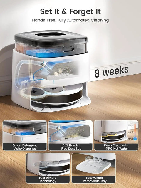 All In One Robot Vacuum And Mop With 12000Pa Suction 90 Day Self Emptying Dock Obstacle Avoidance Auto Mop Washing And Drying Pet Hair Carpet Cleaner 5G WiFi Alexa App And iWatch Control Model M3 shown with auto-dispense, dust bag, hot water cleaning, air-dry technology, and removable tray features.