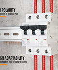 Side view of 63 Amp 3 Pole DIN Rail Mounted Miniature Circuit Breaker for 120/240V Systems, showing adaptability features and red wires.