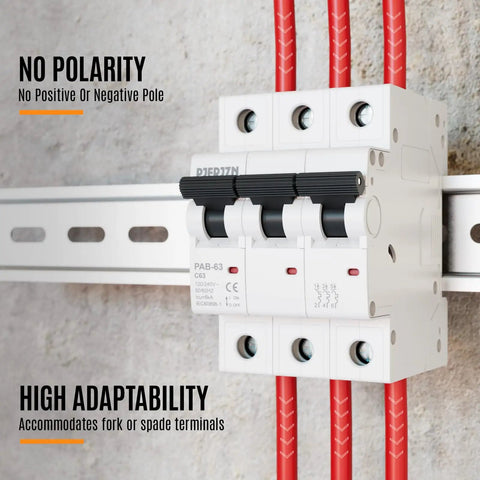 Side view of 63 Amp 3 Pole DIN Rail Mounted Miniature Circuit Breaker for 120/240V Systems, showing adaptability features and red wires.