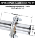 Universal 2 Inch ID To 2 Inch ID Exhaust Flange Repair Pipe Kit Crafted From Heavy Duty 304 Stainless Steel with dimensions shown.